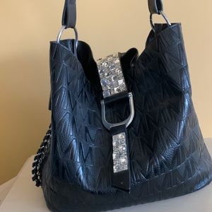 Black Boutique Bucket Bag w/Rhinestone Buckle Detail